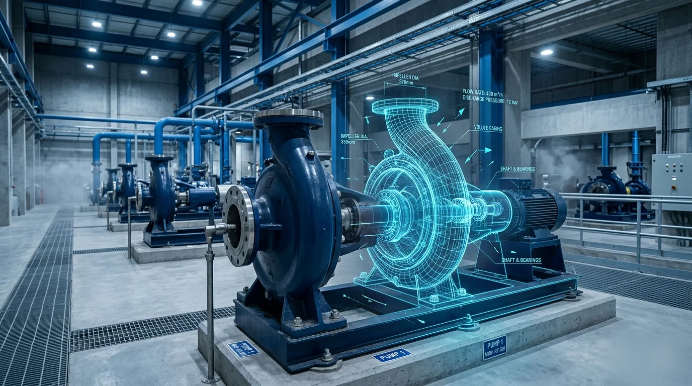 Bomba industrial con overlay CAD 3D — visualiza la cadena de valor de planeación a construcción