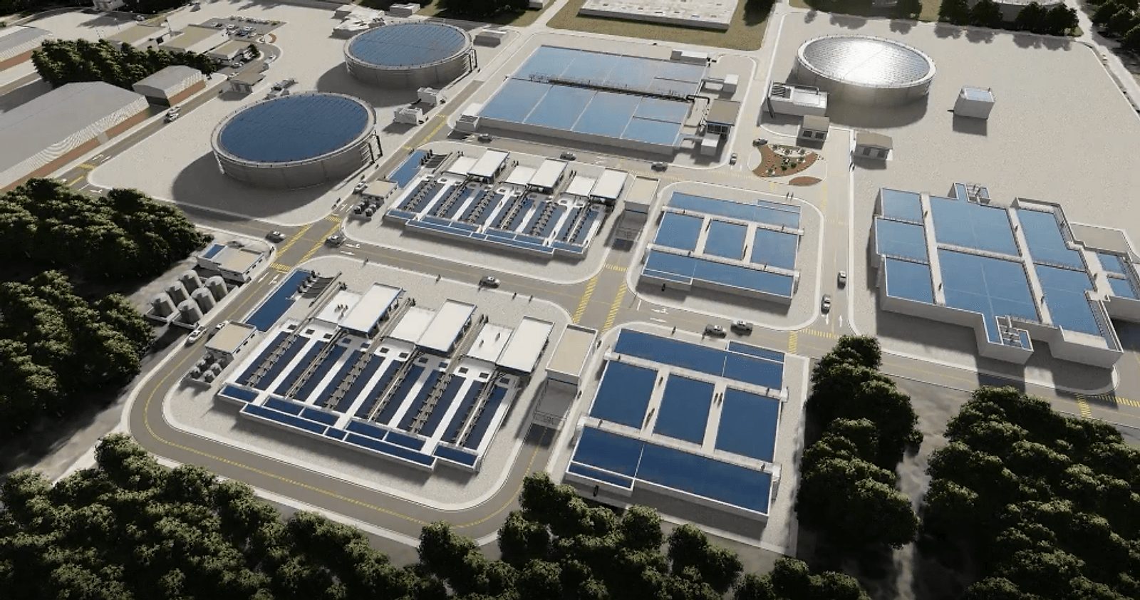 Reúso Potable Indirecto — render de planta de tratamiento avanzado